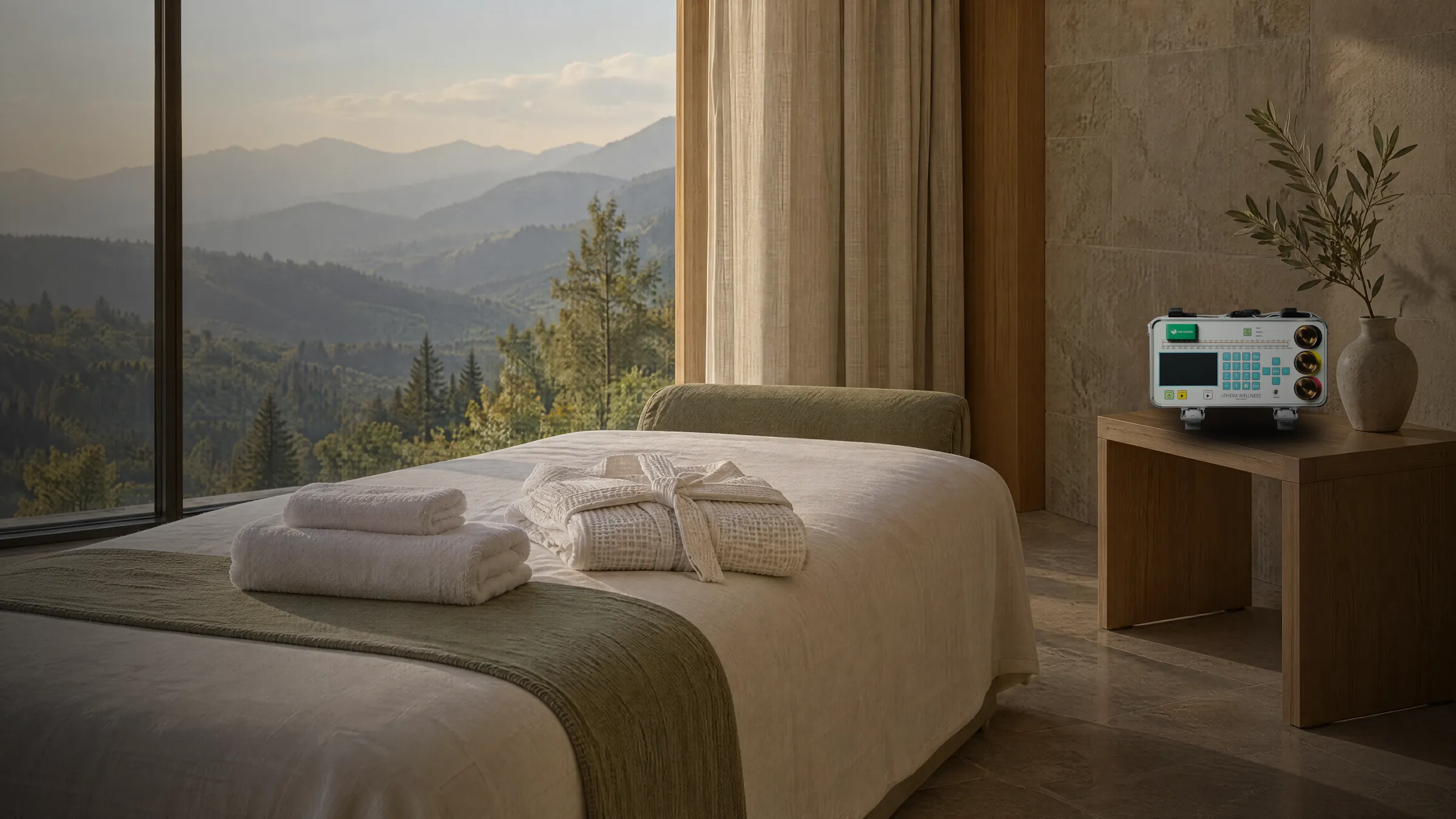 THERA device in a resort spa suite with a mountain view