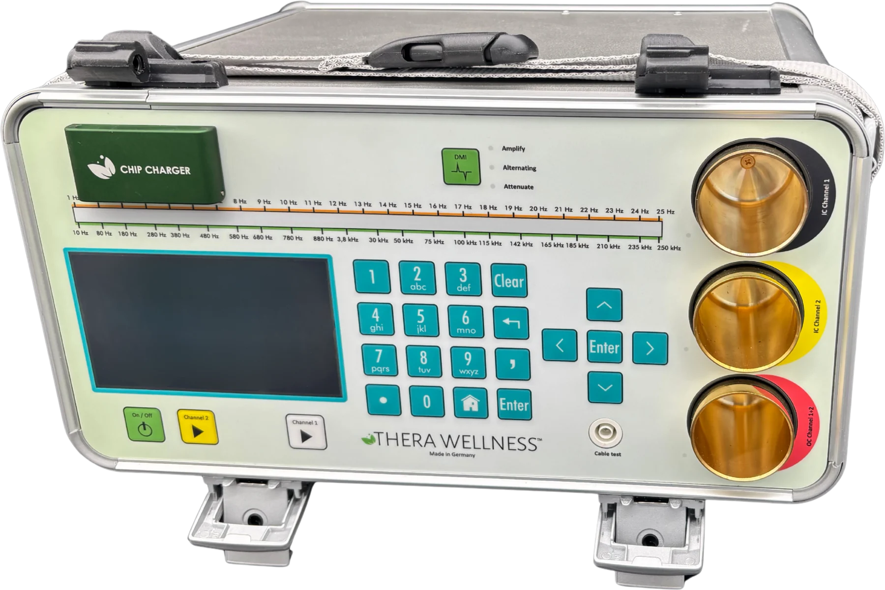 THERA 5-in-1 device, front view, with the screen, keypad, channel buttons and three wells on the front panel