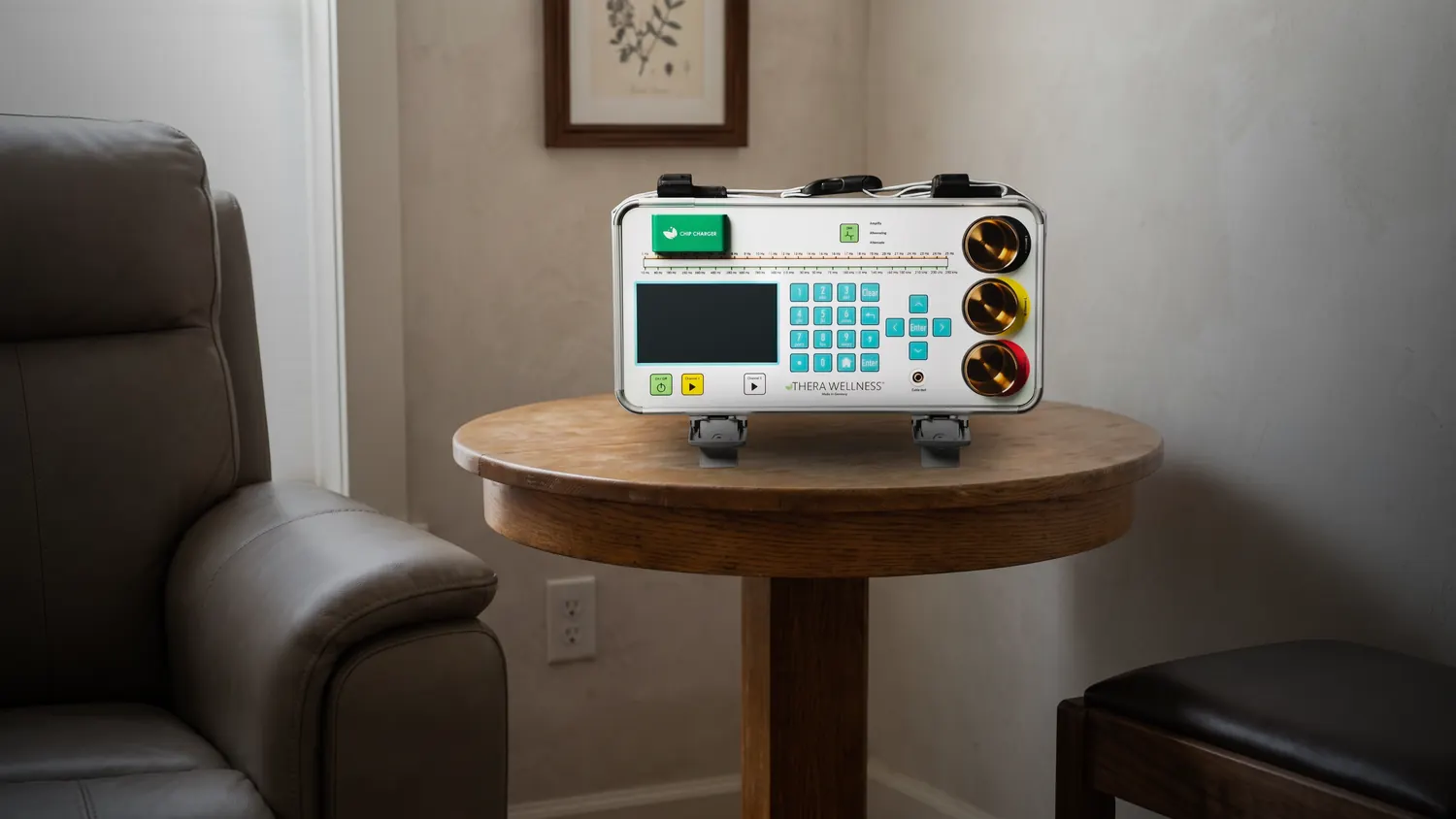THERA 5-in-1 device on a side table beside a recliner, with a wall outlet