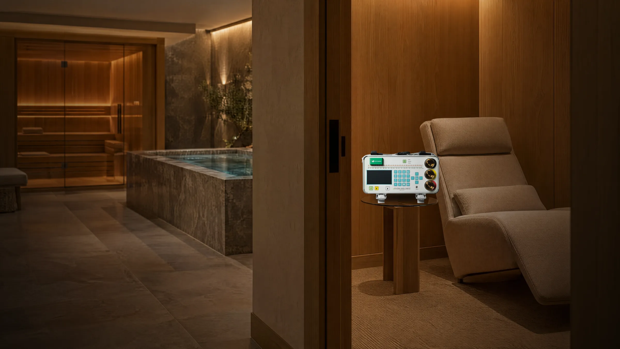 A quiet THERA room beside a wellness club’s sauna and plunge pool